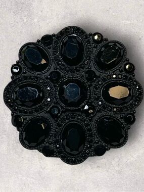 Vintage High End Black On Black Faceted Rhinestone Button Flower Brooch
